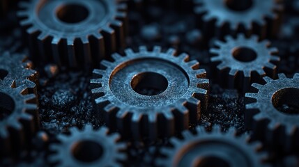 Interlocking gears symbolize teamwork and collaboration in a mechanical setting. The image showcases a series of black gears arranged on a dark surface, emphasizing unity and efficiency.