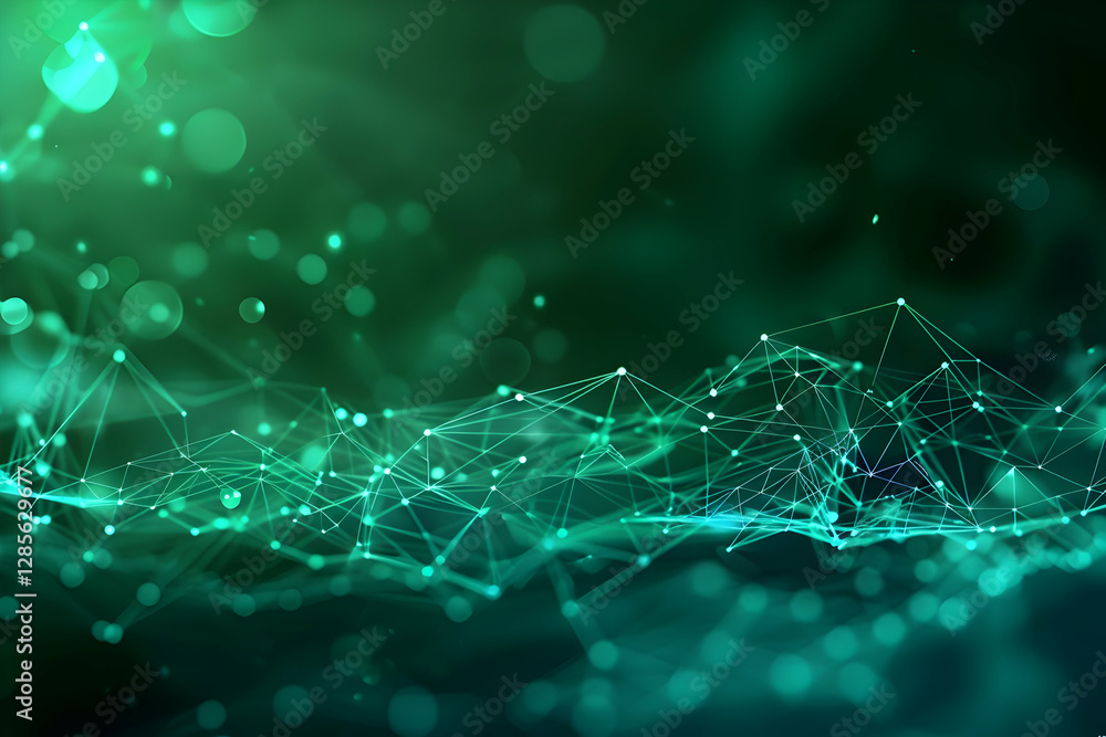 Poster abstract representation of interconnected digital nodes and lines on a green and blue gradient backg
