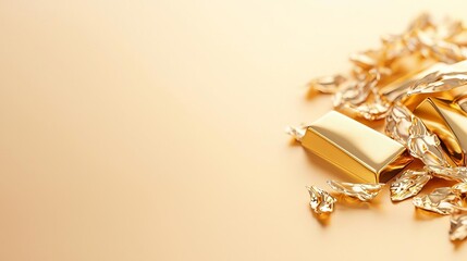 Shiny gold bars and pieces resting on a golden surface reflecting luxury and wealth.