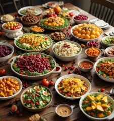 Colorful table with assorted Thanksgiving salads and side dishes,  roasted vegetables,  golden brown, green beans almighty