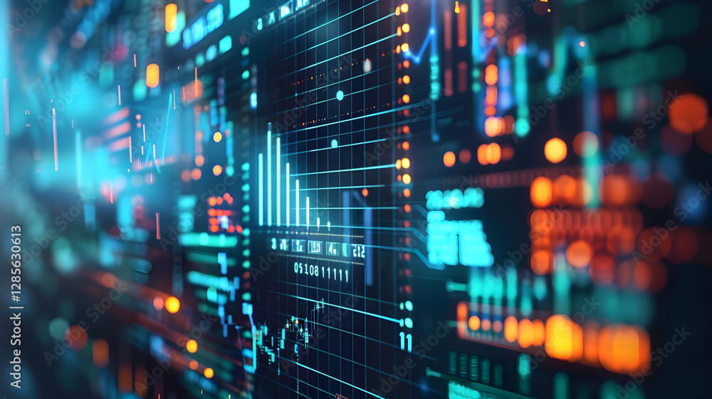 Poster abstract digital background showcasing data visualization with graphs and colorful indicators