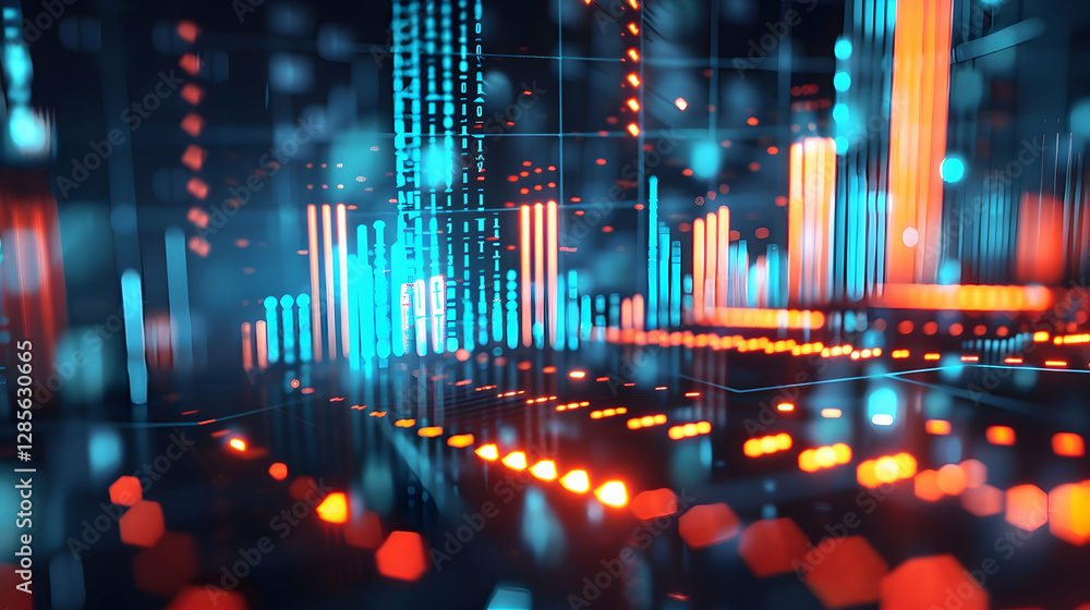 Poster abstract digital visualization of data analytics with vibrant blue and orange light patterns