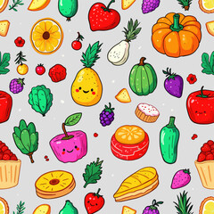 The pattern features a variety of colorful fruits and vegetables, including apples, oranges, bananas, strawberries, grapes, and a pumpkin, arranged in a visually appealing and playful manner.