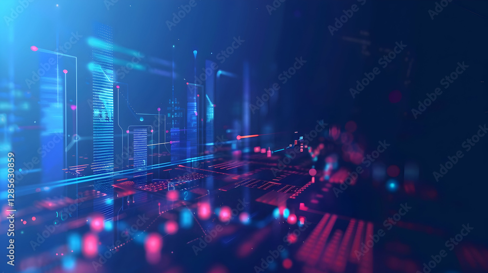Poster futuristic digital cityscape with glowing data streams and vibrant technology visuals