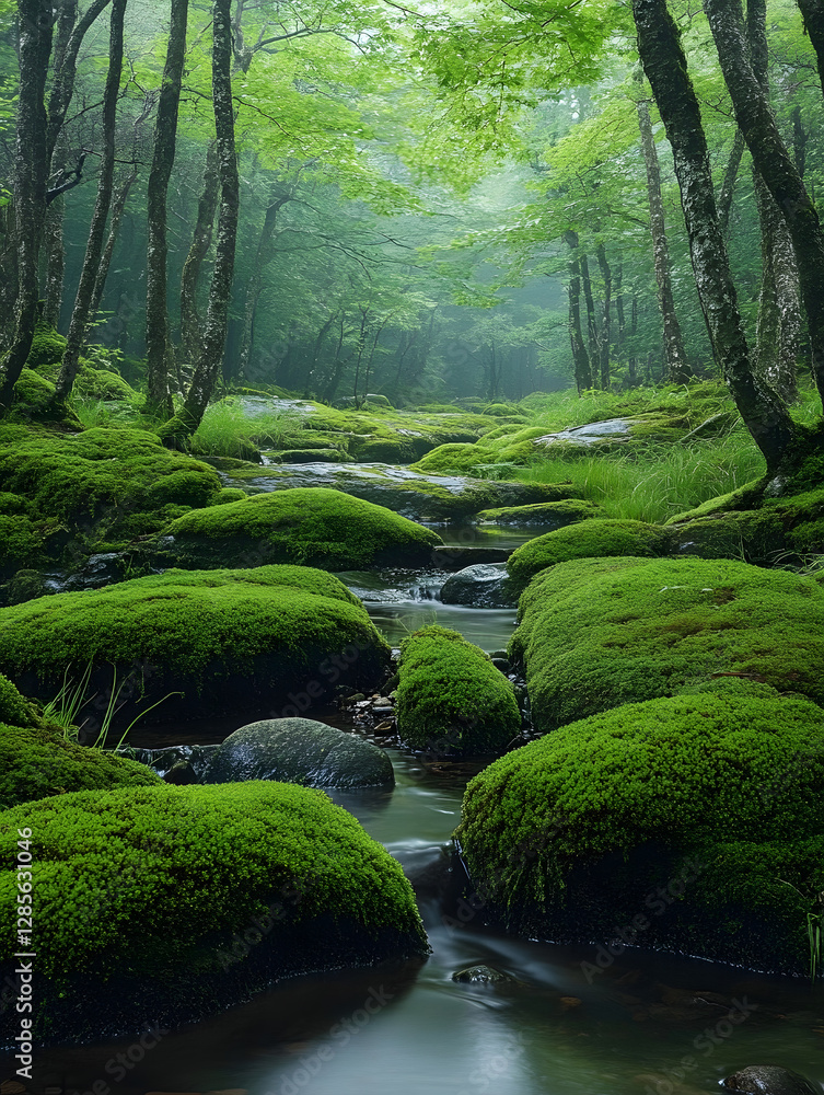 Poster Lush Green Garden Stream with Moss Covered Rocks and Forest Trees Serene Nature : Generative AI