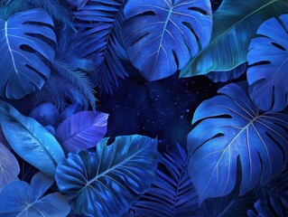 Vibrant neon tropical foliage set against a mesmerizing galaxy-inspired background