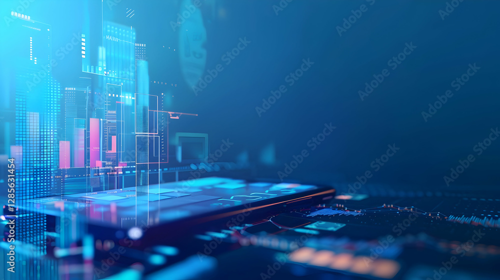Poster futuristic smartphone on a digital interface with vibrant data visualizations in the background