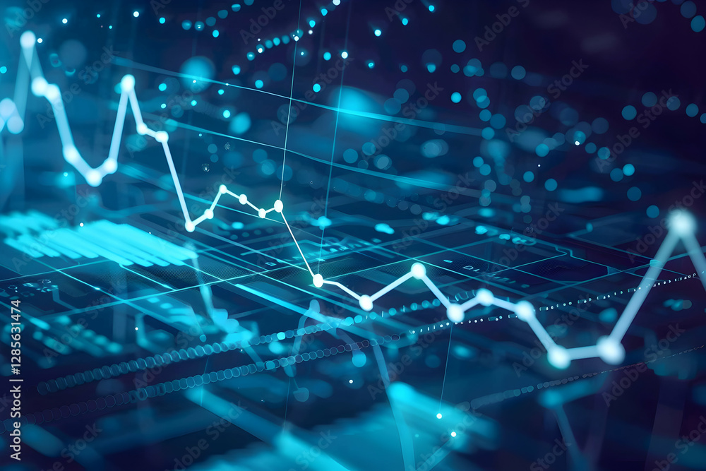 Poster abstract digital data visualization with fluctuating graphs and glowing lines on a blue background