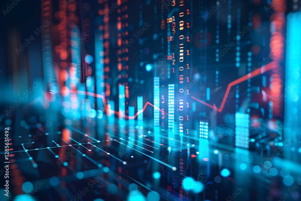 Poster futuristic data visualization with glowing graphs and numbers in a technology-themed environment