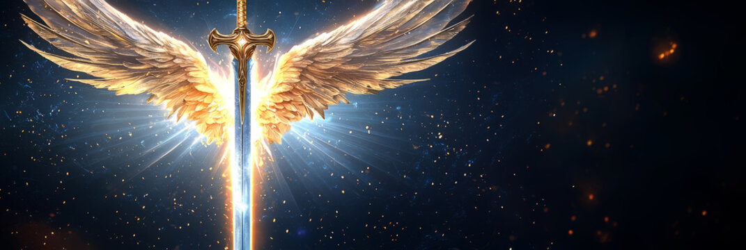 Fantasy holy sword with radiant golden light, angelic wings carved