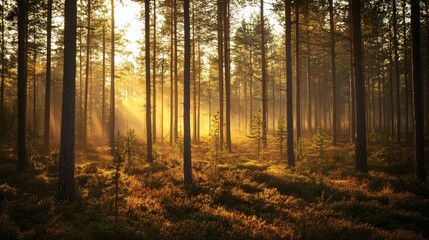 Obraz premium Golden Sunrise in Pine Forest Landscape Photography