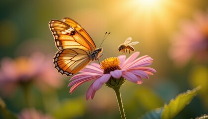 Fototapeta premium Butterfly and a Bee in a Morning Garden