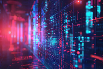 Fototapeta premium Futuristic digital data stream with vibrant neon lights in a high-tech environment