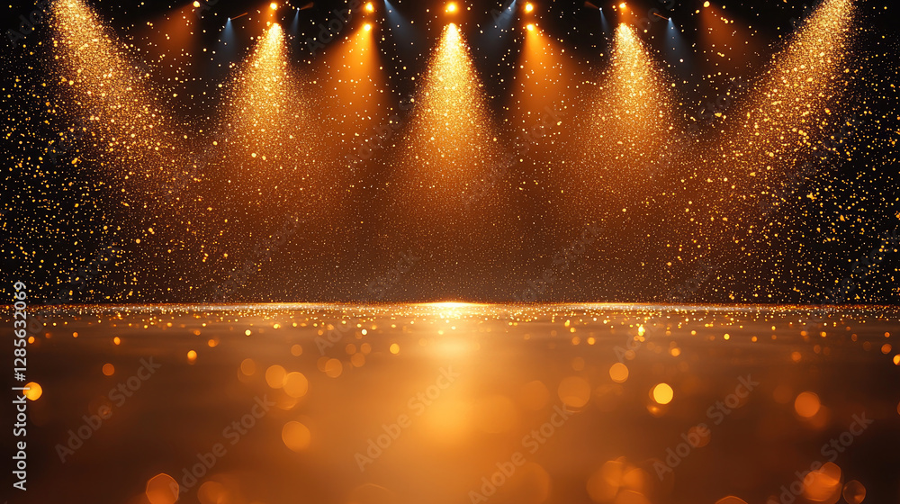 Poster dazzling stage illuminated with golden lights and sparkling particles creates vibrant atmosphere for