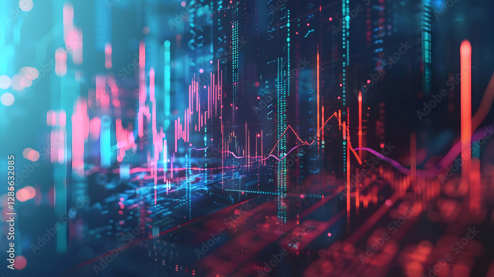 Poster abstract digital data visualization with glowing graphs and charts in a futuristic environment