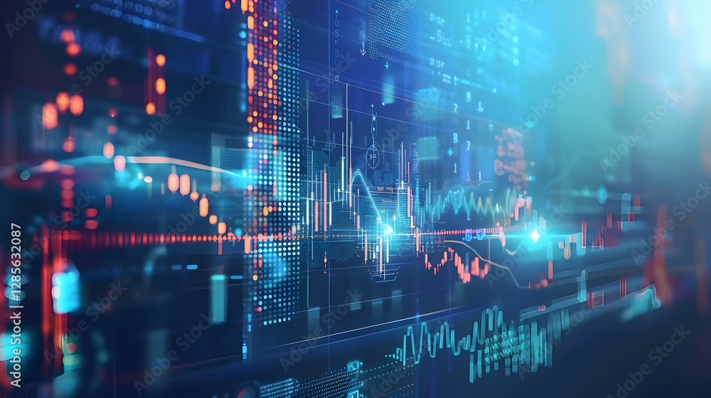 Poster abstract digital financial data visualization with graphs and charts overlaid on city skyline