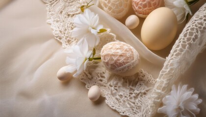 A soft lace fabric texture in a creamy off-white tone, subtly featuring delicate Easter egg and floral patterns. The intricate details create a gentle, vintage-inspired holiday aesthetic.