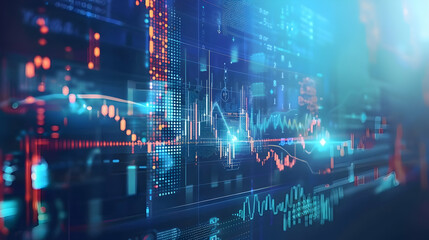 Abstract digital financial data visualization with graphs and charts overlaid on city skyline