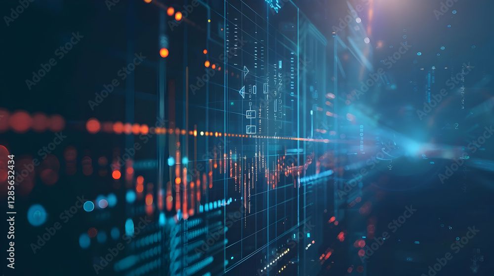 Poster abstract digital data visualization with glowing lines and graphs in a futuristic setting