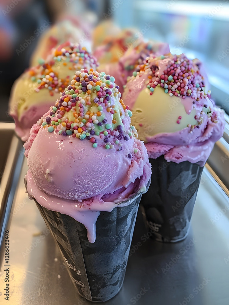 Poster close up of two scoops of multicolored ice cream with sprinkles in a cone : generative ai