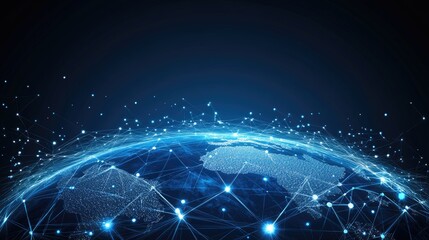 Abstract Digital Blue Background with Glowing Network Connections and Earth, Symbolizing Global Connectivity and Data Transfer, Flat Style Vector Illustration, High-Resolution Professional Image, Dark