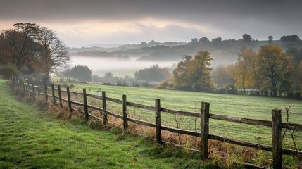 Fototapeta premium Misty Autumn Landscape with Wooden Fence and Rolling Hills