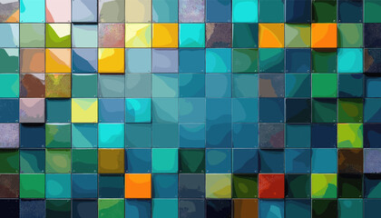 a vibrant and colorful pattern of square tiles, each with a unique color and design, arranged in a grid-like fashion.
