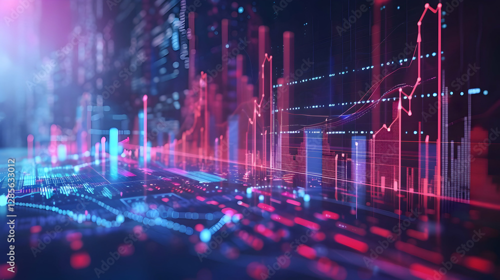 Poster abstract visualization of financial data with glowing graphs and digital cityscape background