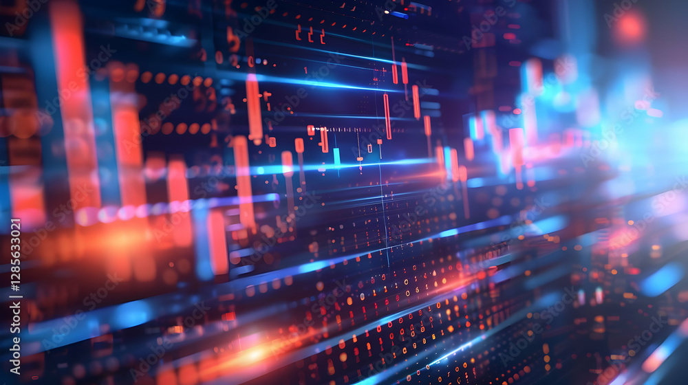 Poster abstract digital data visualization with vibrant colors and glowing lines representing analytics tre