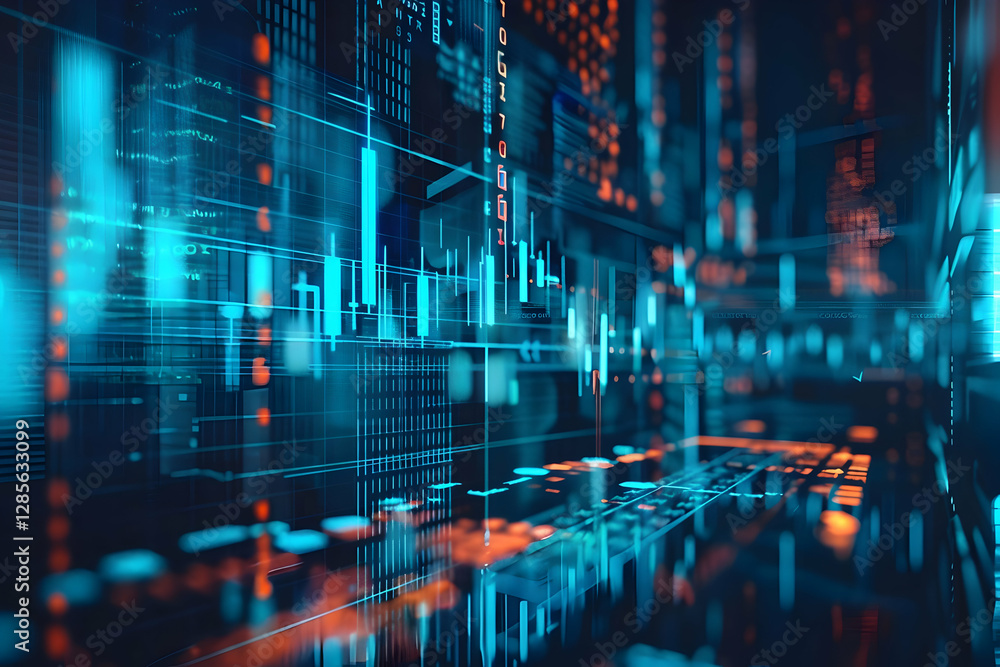 Poster futuristic digital financial data visualization with graphs and glowing lines in a tech environment