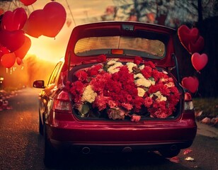 Carro encantado com porta-malas cheio de flores e balões de coração para o Dia dos Namorados
