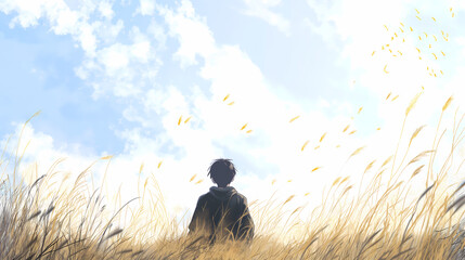 Silhouette of a Person Sitting in a Golden Wheat Field Under a Bright Blue Sky

