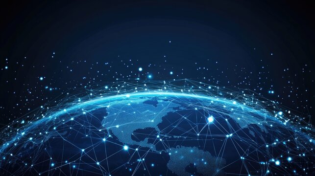 Abstract digital blue background with glowing network connections and the planet Earth. Digital technology, global connectivity concept. Data transfer or internet communication design element. Abstrac