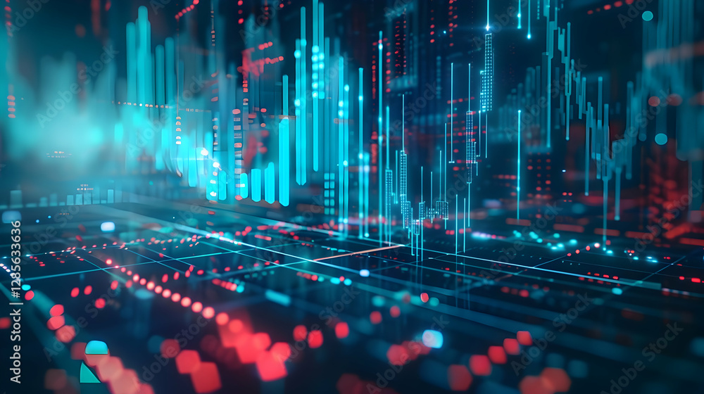 Poster abstract digital data visualization with glowing graphs and lines in a futuristic environment
