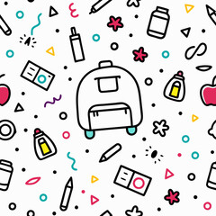 Seamless pattern of school supplies, backpack, and geometric shapes on white background.