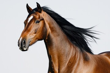 A wild horse standing tall, its black mane flowing against a white background