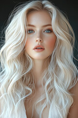 Fototapeta premium Portrait of woman with long wavy blonde hair and blue eyes, showcasing natural beauty and elegance