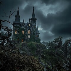 Creepy old mansion with a spooky garden and twisted trees, creaking doors, mysterious fog.