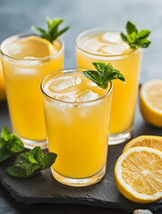Fototapeta premium Refreshing citrus lemonade glasses with ice and mint garnish for summer : Generative AI