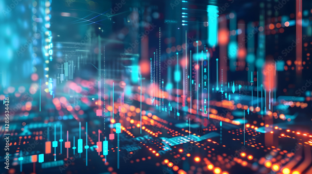Poster abstract digital data visualization with glowing lines and particles representing technology trends