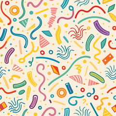 Abstract colorful seamless pattern with various shapes and lines on a beige background.