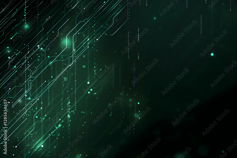Poster abstract digital background featuring green lines and glowing particles, creating a tech-inspired at