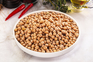 Dry chickpea seeds heap in the bowl