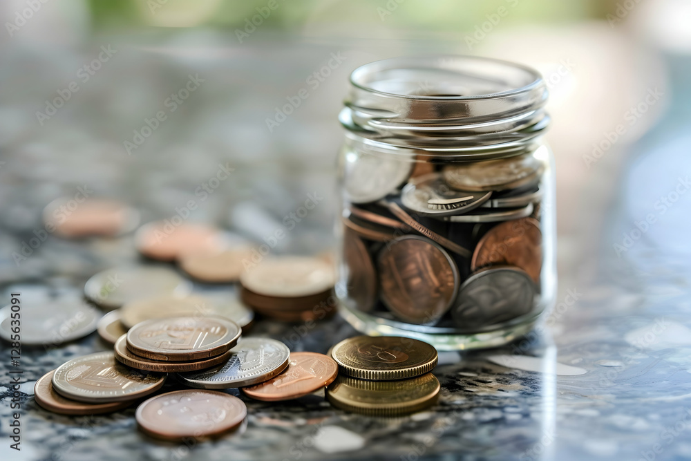 Poster glass jar filled with assorted coins on a reflective surface with scattered coins around it