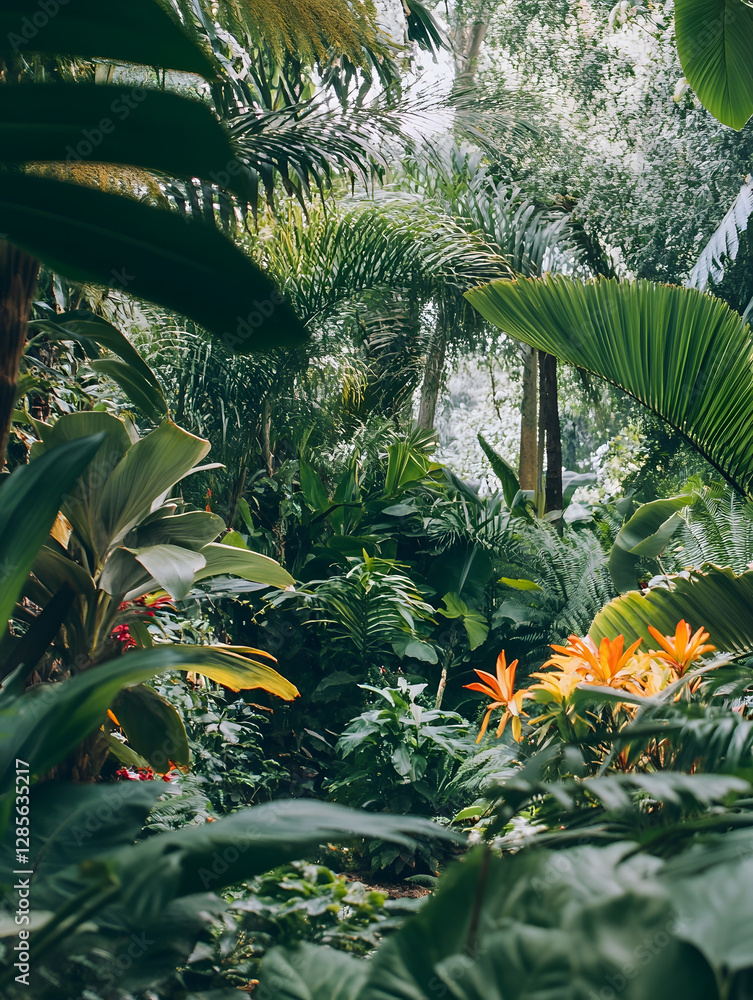 Poster lush tropical foliage in a dense and vibrant rainforest setting : generative ai