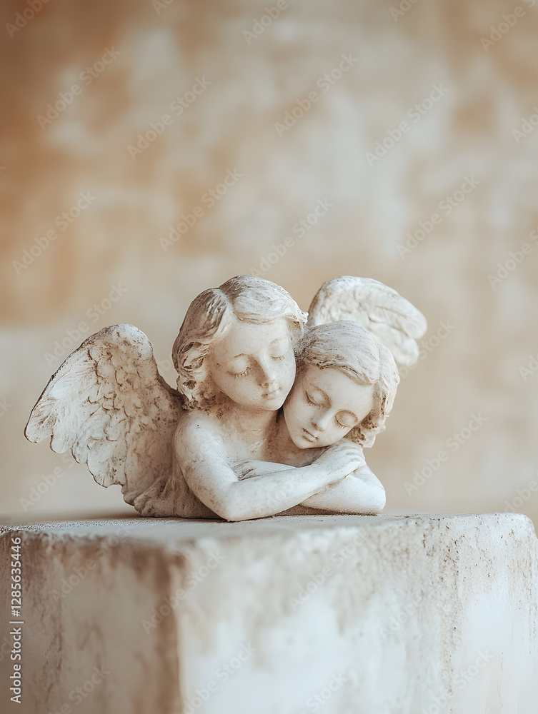 Poster angel sculpture with serene expression against textured neutral background : generative ai