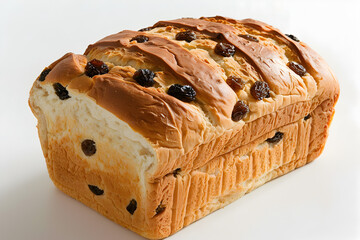 Close up of sweet bread, a dense, sweet loaf made with coconut, raisins, and spices.