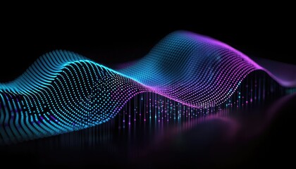 A vibrant, 3D wave pattern in blue and purple, representing sound or data visualization against a dark background.