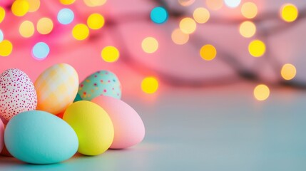 Colorful Easter eggs are arranged on a surface, with a blurred background of twinkling lights, creating a festive atmosphere.