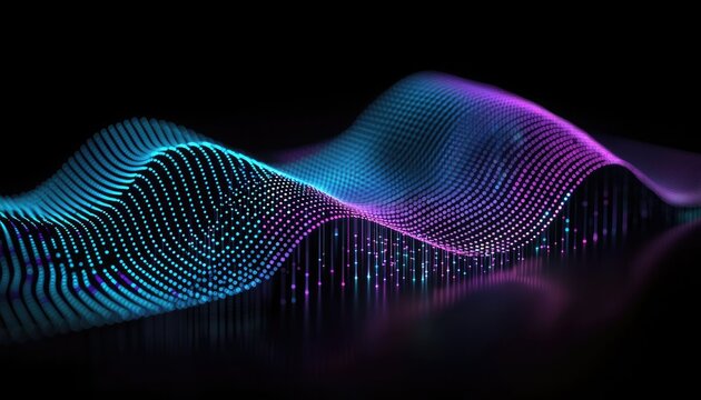 A vibrant, 3D wave pattern in blue and purple, representing sound or data visualization against a dark background.